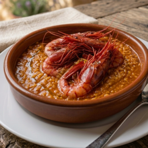 Arroz meloso con langostinos servido en cazuela de barro