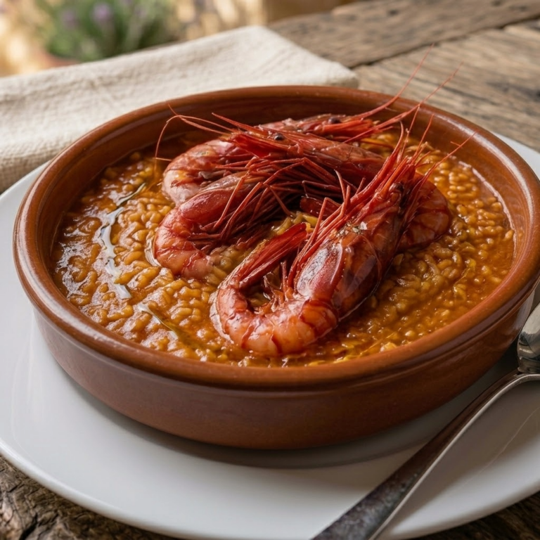 Arroz meloso con langostinos servido en cazuela de barro