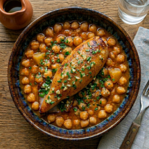 Garbanzos en salsa con chipirones, plato de cuchara